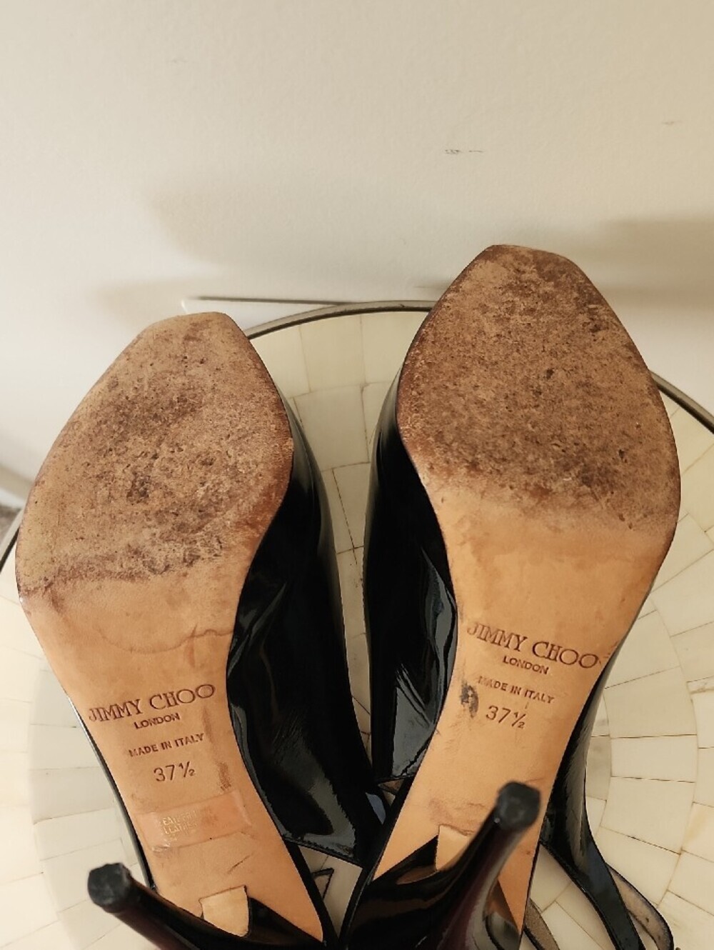 Jimmy Choo Black Patent Leather Peep-Toe Slingbacks - Picture 3 of 6